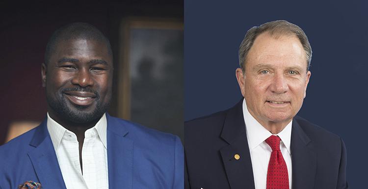 William J. “Happy” Fulford, left, whose USA career spanned nearly 40 years of service in governmental relations, alumni and development, and Ovie Mughelli, a former football star whose post-NFL career has focused on empowering youth and living an ecologically friendly lifestyle, will address USA graduates during Spring Commencement ceremonies. 