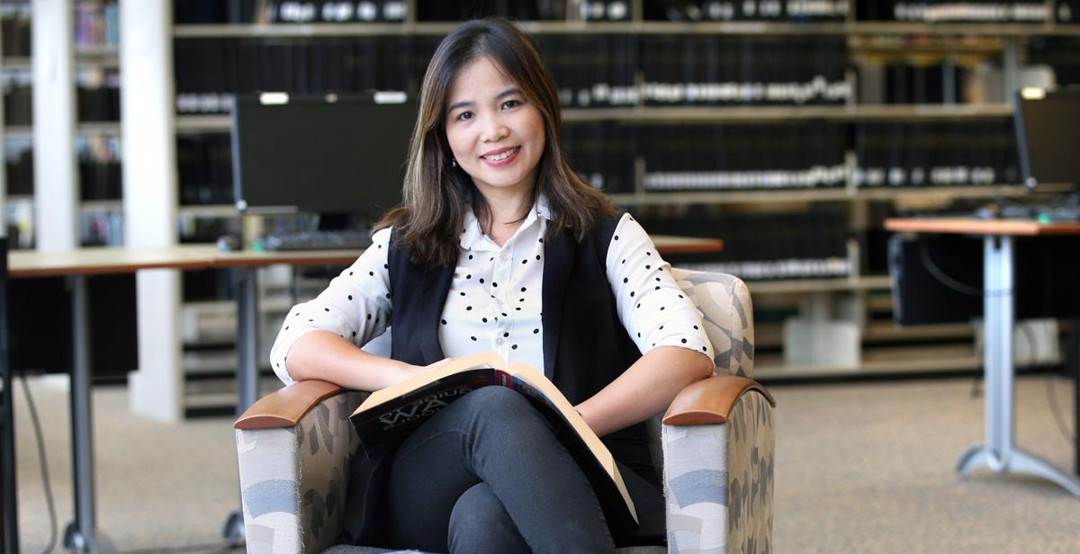 Freshman Thanh Haas said the Marx Library is her favorite location on campus at the University of South Alabama. “I like the view from the second floor. You can sit next to the big windows and look out over the lake,” she said.