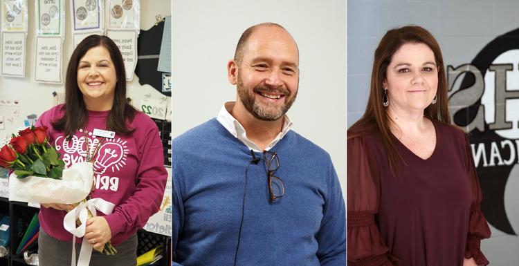 莫比尔县公立学校选出了他们的2022年度教师. From left; Jaime Bosarge, Bryant High School; William Edmonds, Barton Academy; Kelly Parker, 坦纳威廉姆斯小学. 三位老师都是十大彩票网投平台的校友.