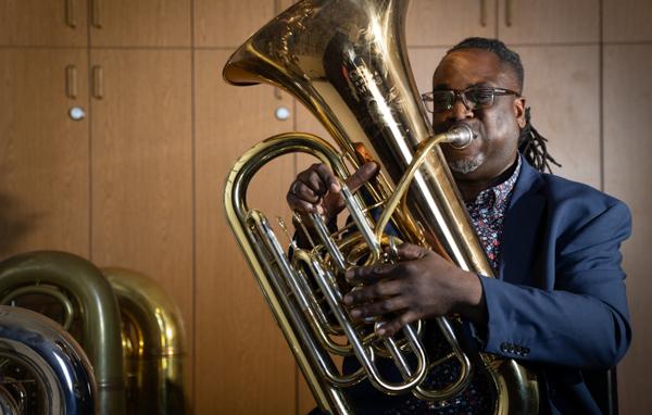 Dr. Clayton Maddox, assistant professor of music, in his office at the Laidlaw Performing Arts Center.